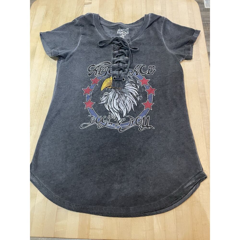Almost Famous Aerospace Rock N Roll Lace Up Eagle Shirt Fitted Cotton Blend S
